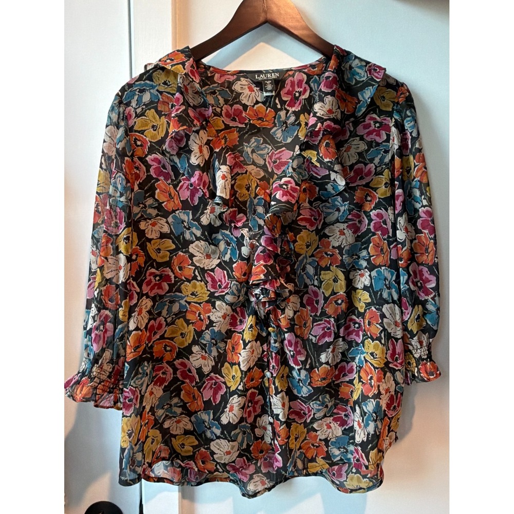 Lauren Ralph Lauren Ruffle Chiffon Blouse Women XL Black Floral Cottagecore Boho
